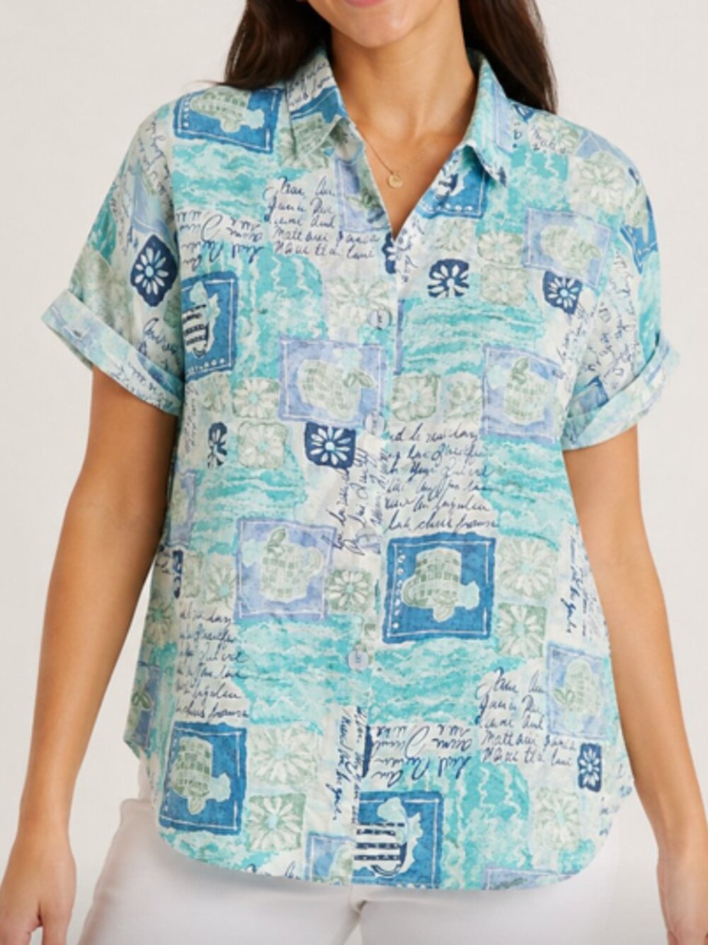 Vintage Separate Issue Woman Blue Coastal Print Button-Up Shirt XL